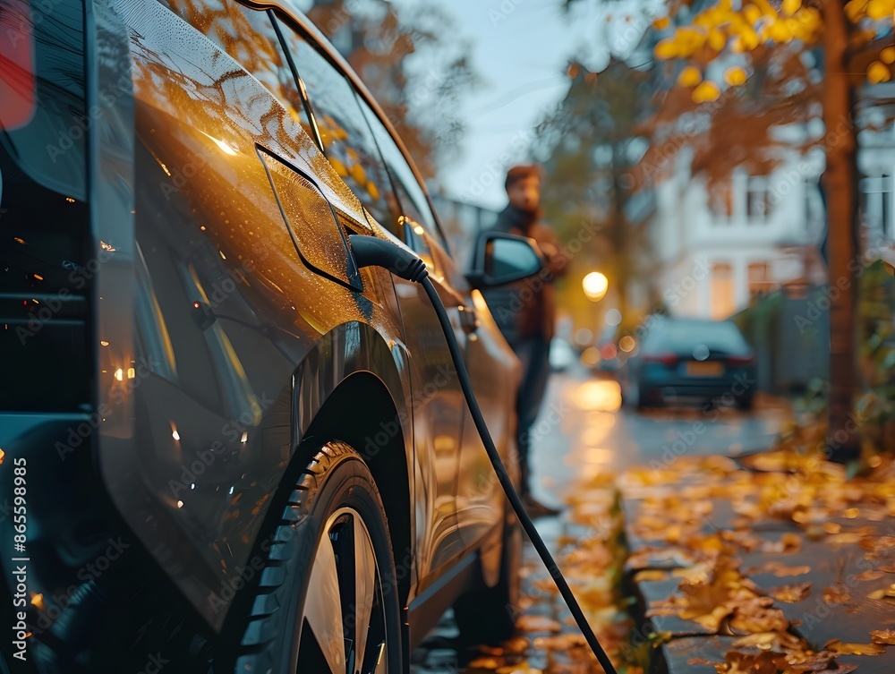 Electric Car Charging on a Leaf-Covered Street in Autumn Electric Car Charging on a Leaf-Covered Street in Autumn