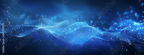 Abstract blue background with glowing waves and dots for technology, science or digital design concept