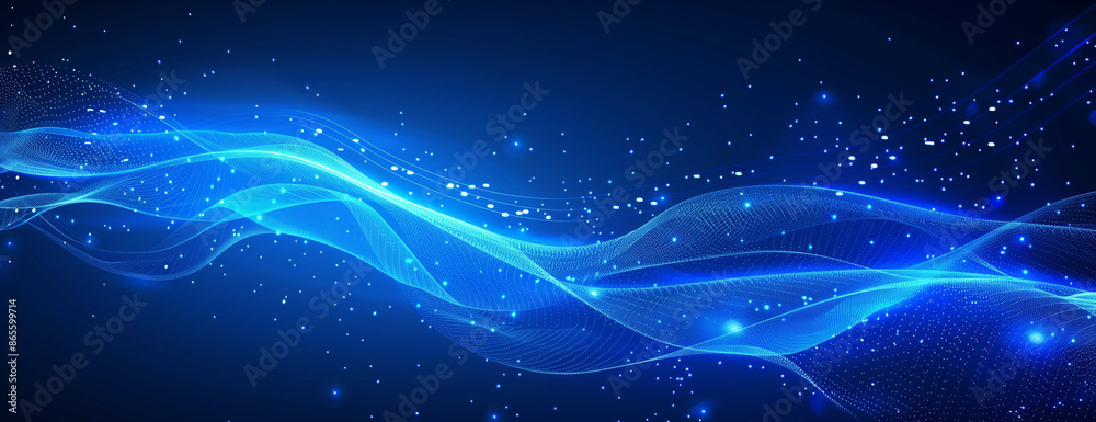 Abstract blue background with glowing wavy lines and dots for technology, digital data transfer or communication concept Abstract blue background with glowing wavy lines and dots for technology, digital data transfer or communication concept
