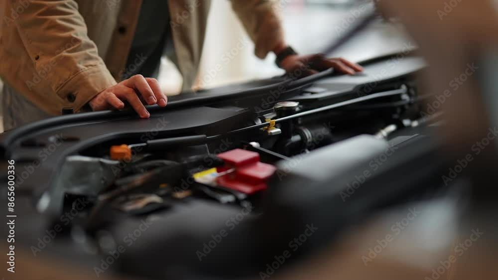 Close-up cropped shot of unrecognizable male customer looking at engine compartment at car dealership. Closeup of man buyer touching mechanical parts of vehicle at showroom. Concept of buying new auto Close-up cropped shot of unrecognizable male customer looking at engine compartment at car dealership. Closeup of man buyer touching mechanical parts of vehicle at showroom. Concept of buying new auto