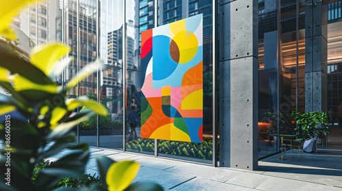 An eye-catching business poster showcasing a company's brand identity through a playful and engaging design, featuring a vibrant abstract color scheme and a captivating company logo,