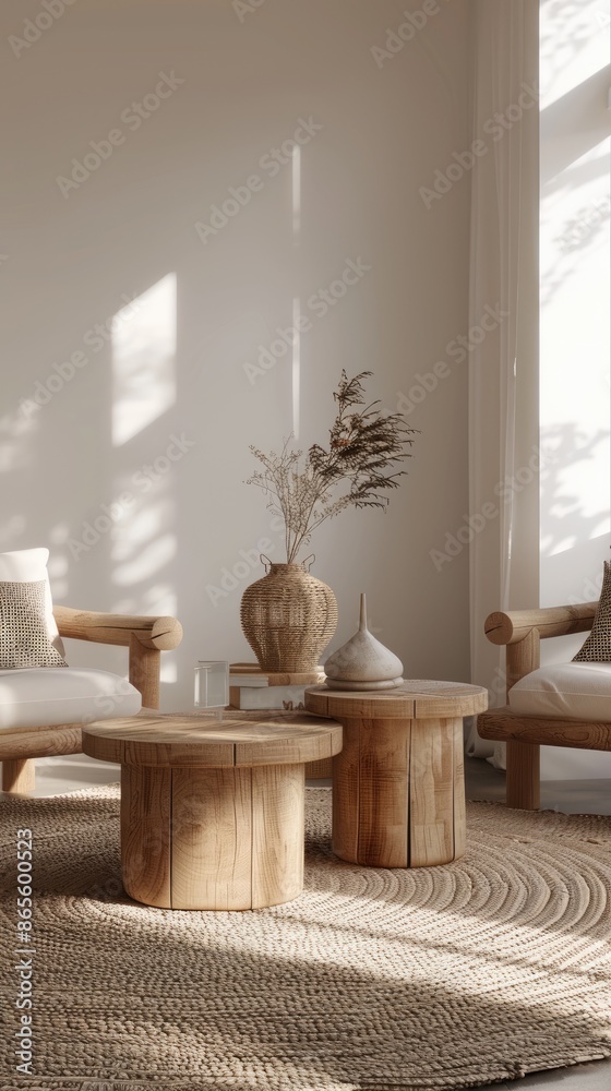 A modern living room interior design with white armchairs and a wicker coffee table