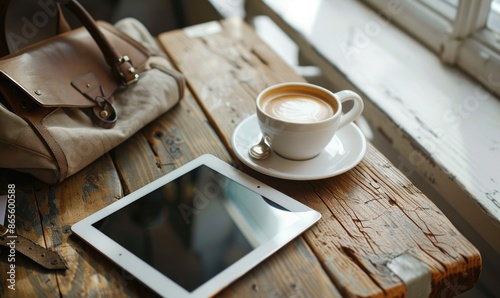 Tablet on a wooden table with a cup of coffee on the left
