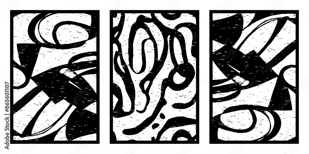 Fototapeta premium Set of 3 Abstract black and white pattern. For use in graphics. Minimalist illustration for printing on wall decorations