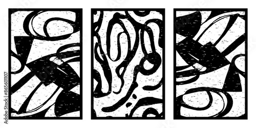 Set of 3 Abstract black and white pattern. For use in graphics. Minimalist illustration for printing on wall decorations