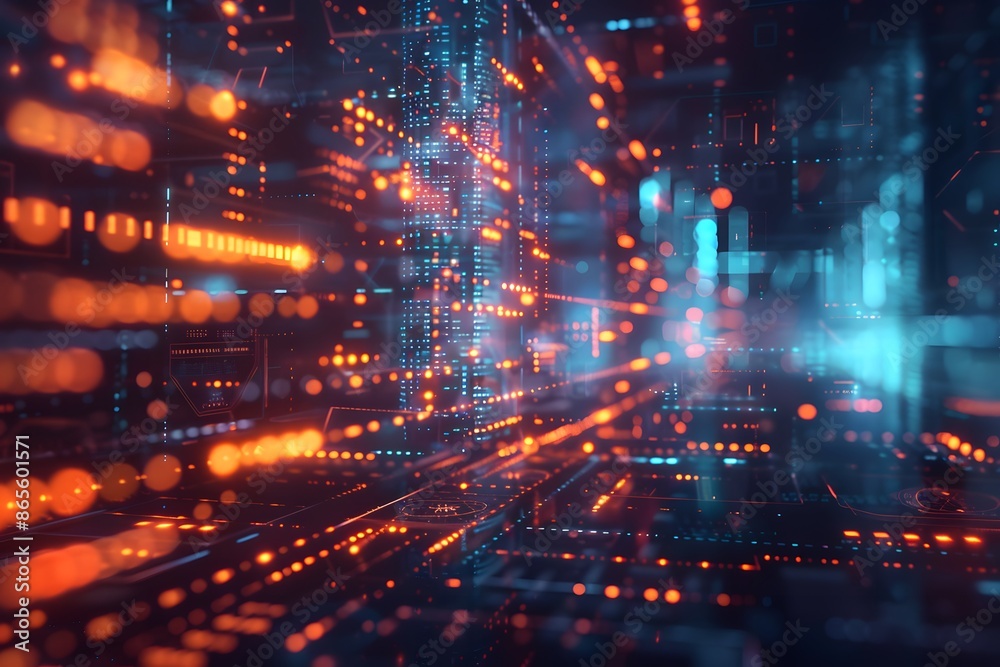 Fototapeta premium Futuristic Digital Data Network with Glowing Orange and Blue Lights
