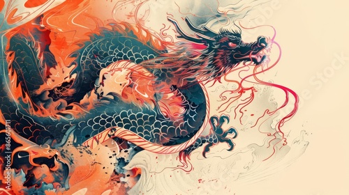 Intricate Chinese ink painting of a dragon, enhanced with bold 80s synthwave colors and digital lines, blending ancient and modern themes