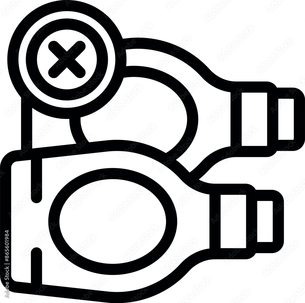 Line art icon of two bottles with one marked with a cross, representing quality control and product rejection Line art icon of two bottles with one marked with a cross, representing quality control and product rejection