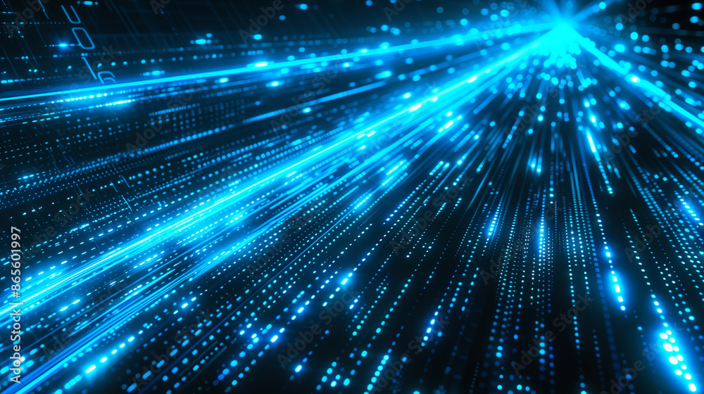 Obraz premium Abstract digital background with blue binary code and light streaks on black, representing data flow in technology or cyber security concept Isolated on white background,