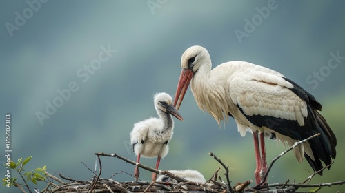 Feeding young White Storks in nest