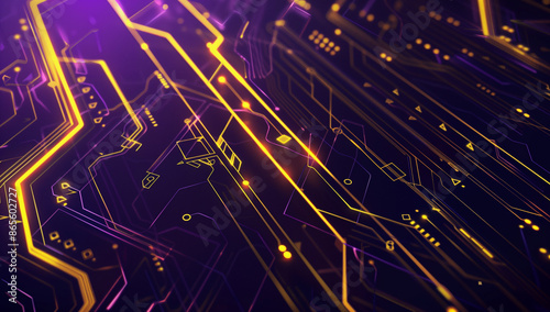  yellow light on a black backdrop, tech elements like a circuit board in the style of low poly video game art, vector illustration with lines and shapes, a dark purple and gold color scheme, 3d render