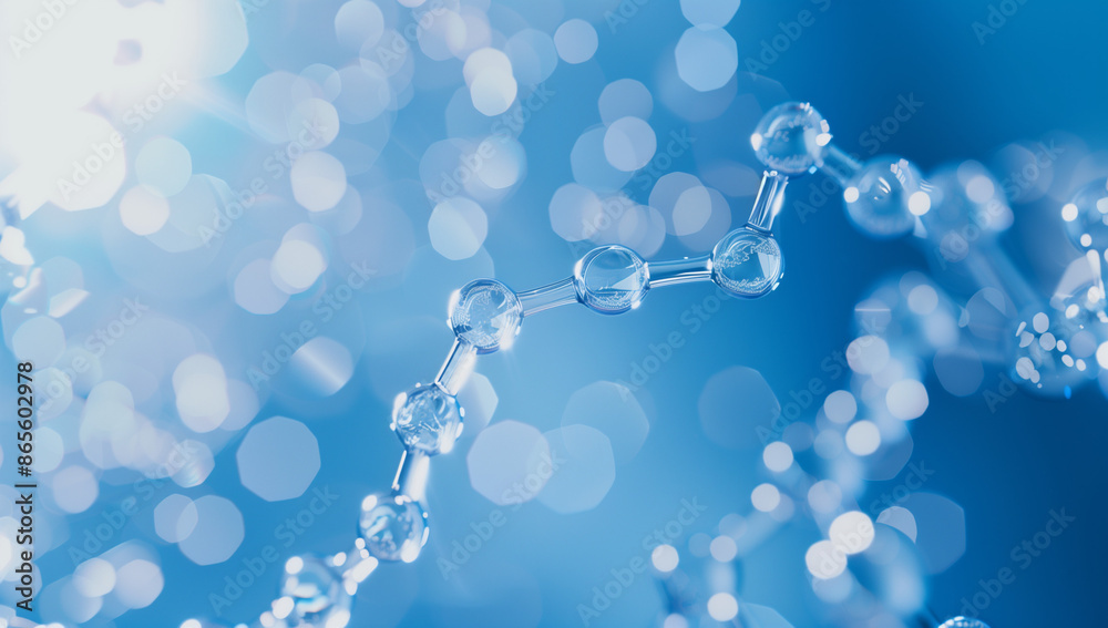 Blue background with a close-up of the structure and molecule model for ...