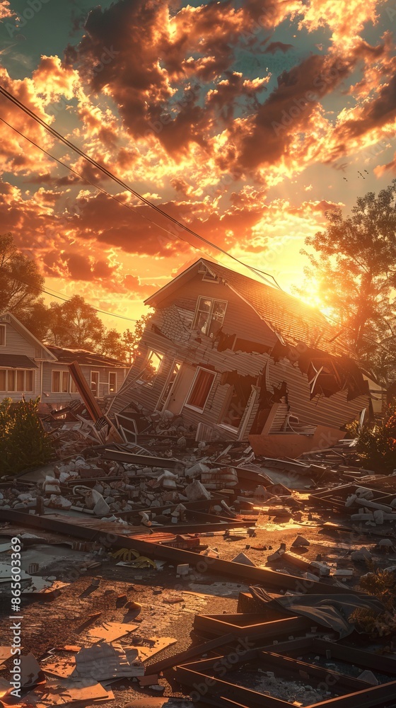 Obraz premium Collapsed house amidst rubble at sunset, disaster aftermath. Urban ruin and destruction concept