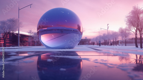 sphere scolpture in a sunset snowy park photo