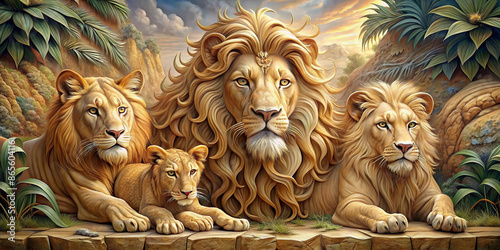 Beautiful lions 3d relief wallpaper. Mural wallpaper. Wall art. AI generated illustration.