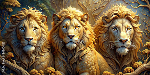 Beautiful lions 3d relief wallpaper. Mural wallpaper. Wall art. AI generated illustration.
