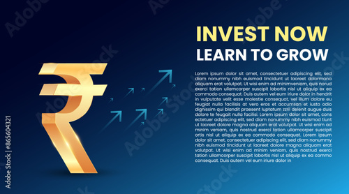 Stock market or stock exchange or financial technology concept banner, poster or web background with golden rupee icon and trading background. 