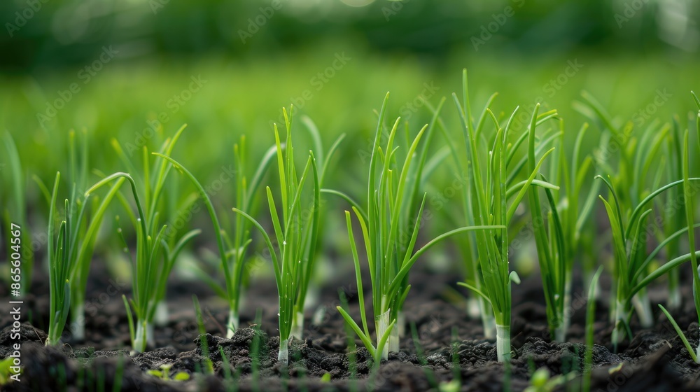 Fototapeta premium Blurred background with rows of green onions