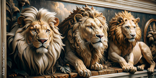 Beautiful lions 3d relief wallpaper. Mural wallpaper. Wall art. AI generated illustration.