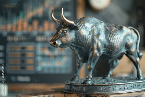 Bronze Bull Statue with Stock Market Charts in the Background