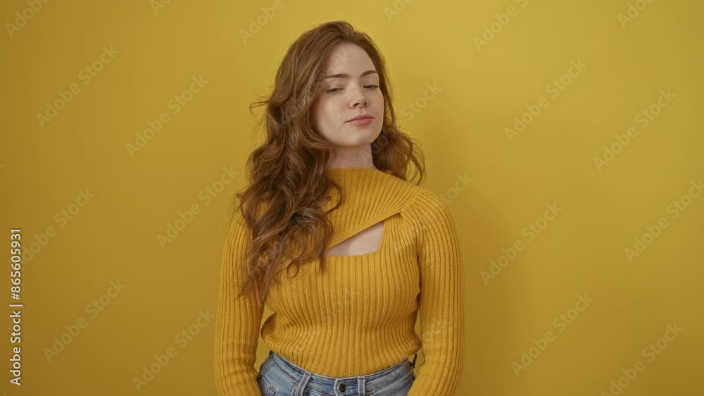 Young caucasian woman wearing sweater standing with serious expression on face. simple and natural looking at the camera. over isolated yellow background Young caucasian woman wearing sweater standing with serious expression on face. simple and natural looking at the camera. over isolated yellow background