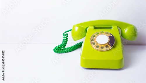 Green retro rotary telephone handset on white background; old communication technology, notification and information concept 