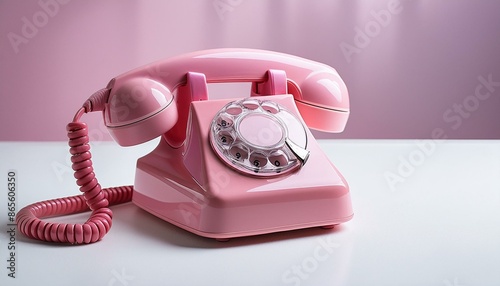 Pink retro rotary telephone handset on pink background; old communication technology, notification and information concept
