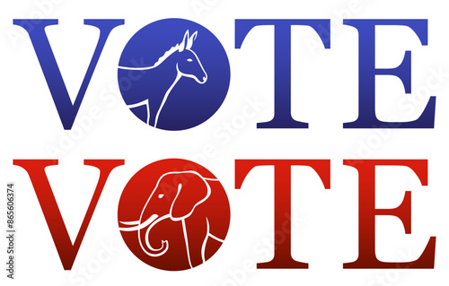 The word vote with democrat donkey or republican elephant in the letter o
