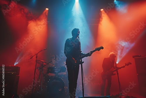 Energetic Rock Band Performing Live on Stage with Vibrant Lighting