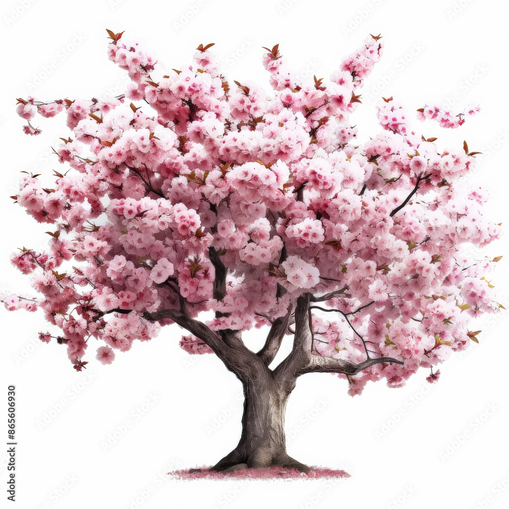 A tree with pink blossoms is the main focus of the image. The tree is tall and has a lot of pink flowers on it. The pink color of the flowers creates a sense of beauty and serenity A tree with pink blossoms is the main focus of the image. The tree is tall and has a lot of pink flowers on it. The pink color of the flowers creates a sense of beauty and serenity