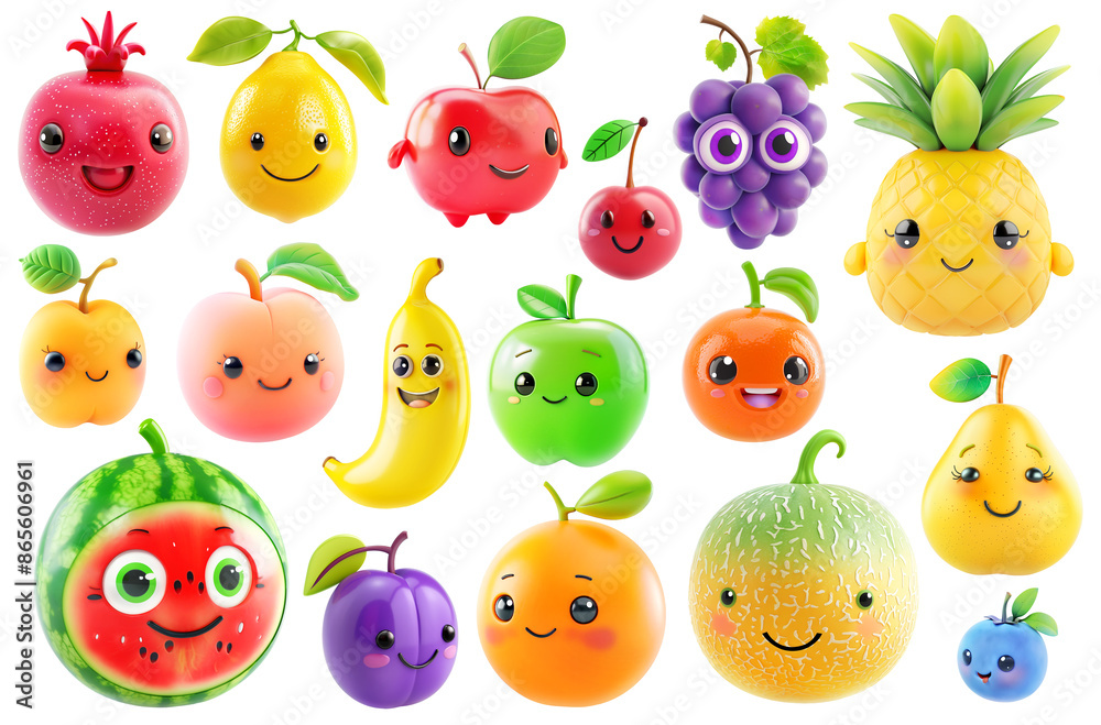 Fototapeta premium Cute cartoon fruit characters, large collection isolated on white background