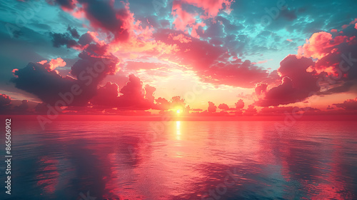 A beautiful sunset over the ocean with pink and blue clouds. The sky is filled with clouds and the sun is setting