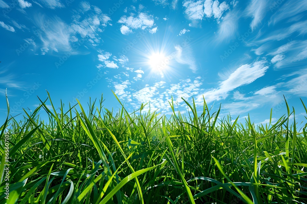Obraz premium Sunlit Grass Field Under a Clear Blue Sky