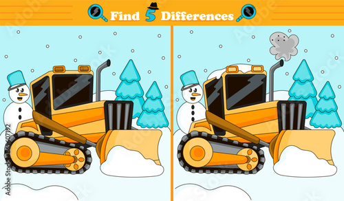 Find 5 differences game for children with track-type tractor or bulldozer removing snow, car or transport themed printable activity for kids