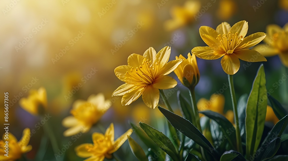 Close-up of bright yellow flowers, in soft sunlight, creating a peaceful atmosphere Close-up of bright yellow flowers, in soft sunlight, creating a peaceful atmosphere