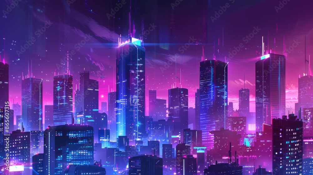 A futuristic cityscape with neon lights and a purple sky is vibrant and energetic scene A futuristic cityscape with neon lights and a purple sky is vibrant and energetic scene