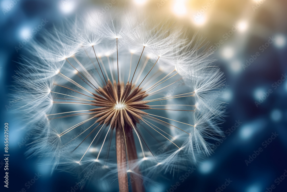 Naklejka premium A close up of a dandelion flower with a yellow background. The flower is the main focus of the image, and it is in full bloom. The yellow background adds a warm and inviting touch to the scene