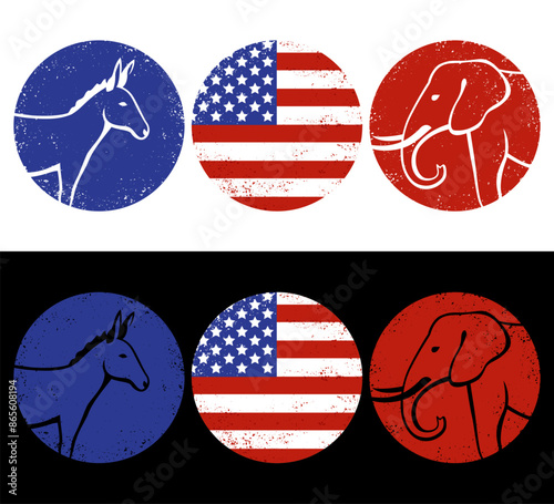 A grunge donkey, elephant, and flag circle
