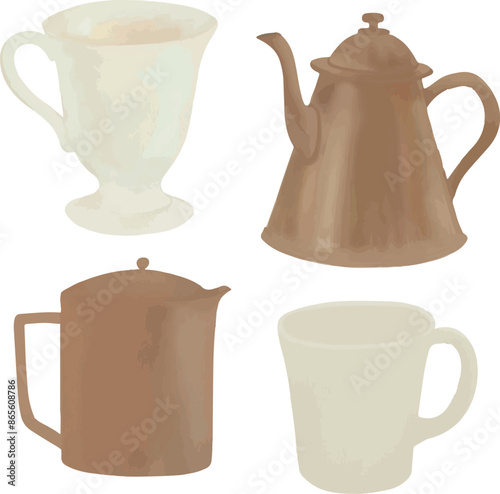 Vector Watercolor illustration, ceramic white, copper, Mediterranean utensils, teapot, cup, clipart. Invitation, greeting cards, birthday, event, holiday, menu; cooking class; Master Class