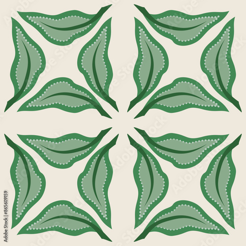 Green leaves kaleidoscope seamless pattern on beige background. Delicate green colors. Vintage mosaic tiles background vector illustration. For wallpaper, giftpapers, textile, design projects and card photo