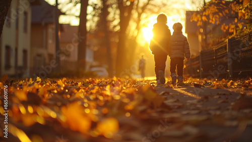 Sunset in the schoolyard in autumn, children walking home along an alley covered with golden leaves, a serene and peaceful atmosphere.