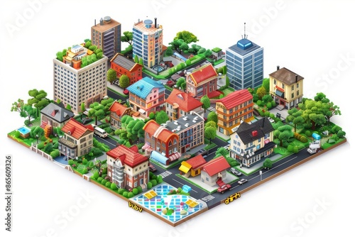 3d isometric smart city with skyscrapers, buildings, road and green tree map landscape illustration photo