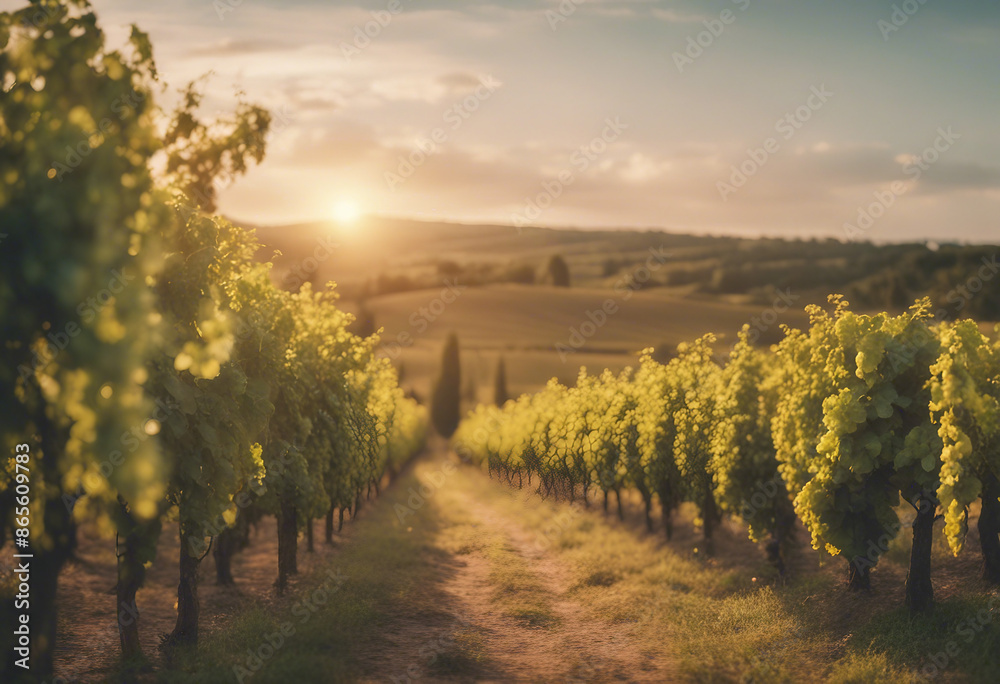 Fototapeta premium Extra wide panoramic shot of a summer vineyard shot at sunset