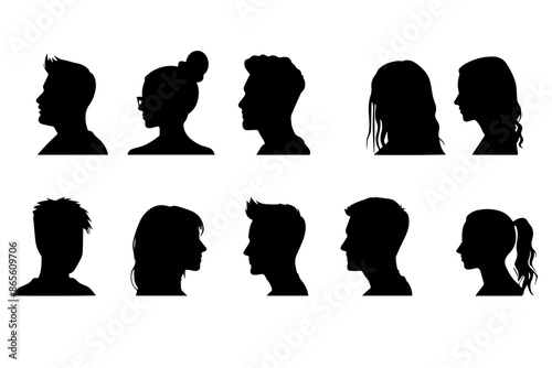 Collection of Ten Black And White Human Silhouettes in Profile Vie vector simple set