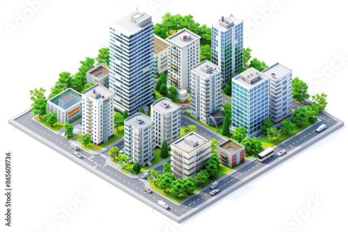 3d isometric smart city with skyscrapers, buildings, road and green tree map landscape illustration © pixeness