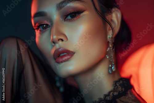 Closeup portrait of a Asian woman model with glamorous makeup and earrings. photo