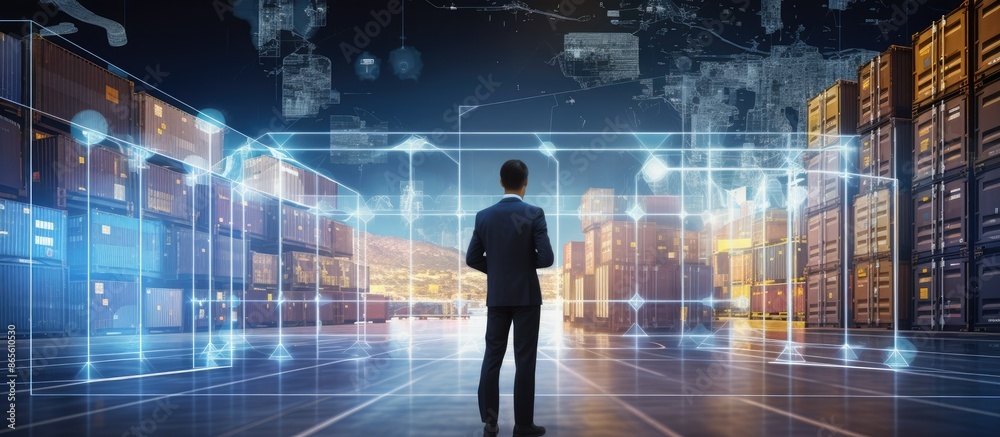 Businessman holding virtual interface panel of global logistics network distribution and transportation, Innovation future of transport on a large warehouse center Businessman holding virtual interface panel of global logistics network distribution and transportation, Innovation future of transport on a large warehouse center