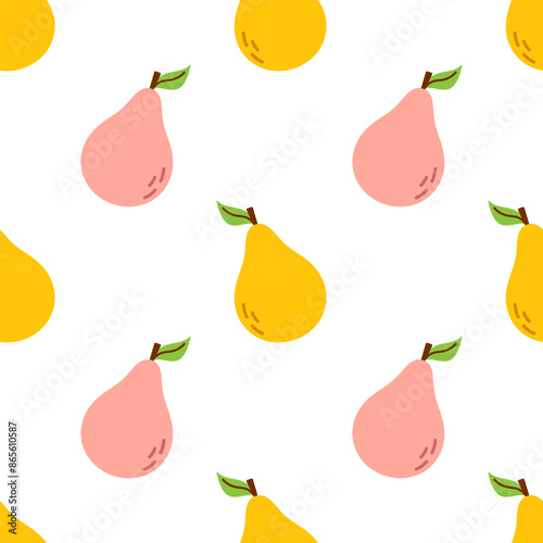 Vector seamless pattern with pears on a white background. Summer fruits print. Wrapping design. Baby, kids, childish cute pattern with pears fruit. Food background.