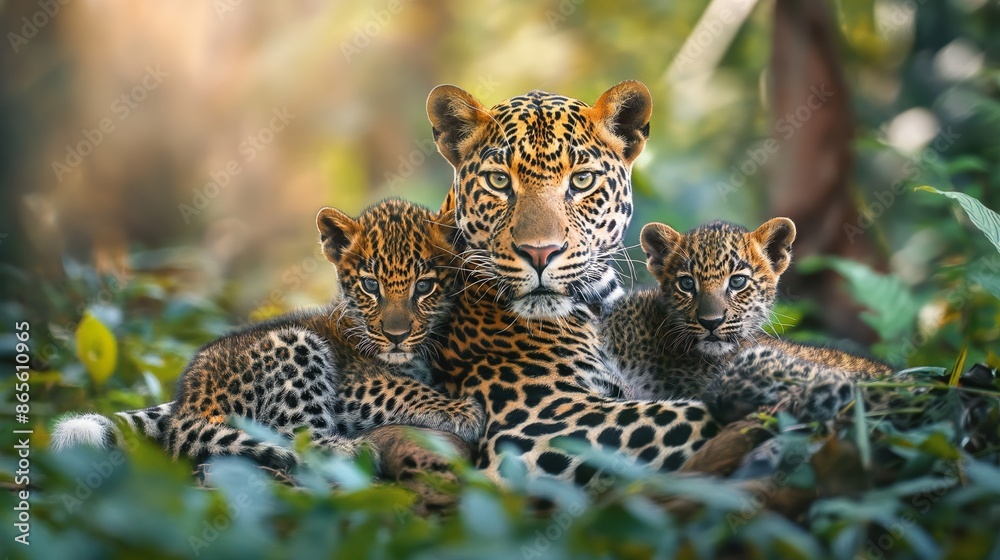 Obraz premium A leopard with her two cubs in the jungle, surrounded by greenery, displaying a protective bond.