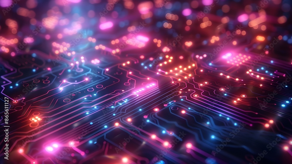 Fototapeta premium Vibrant Neon Digital Technology Background with Glowing Futuristic Circuit Pattern